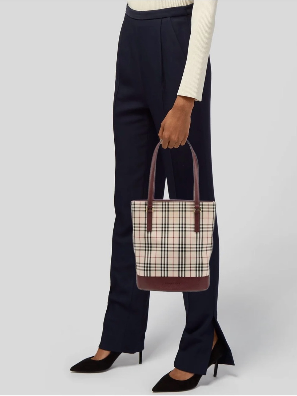 Plaid Canvas Tote Bag with Brown Leather Trim - Picture 1 of 14